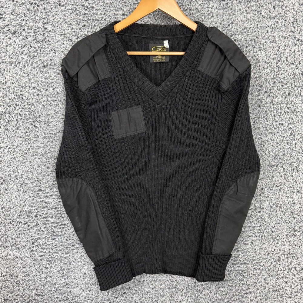 Citadel Sweater Mens Large Black Wool V Neck Commando Military Knit England